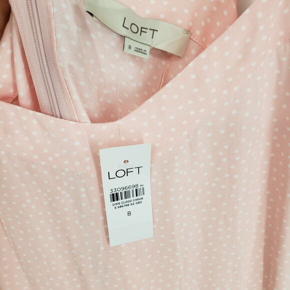 LOFT Polka Dot Midi Dress 8 Women's Sundress Sleeveless Ruffle Trim Pink White - Picture 5 of 13